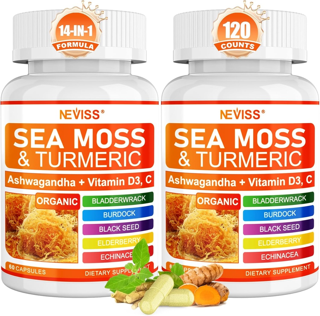 Sea Moss Capsules - Irish Sea Moss con Turmeric Plus Ashwagandha, Black See Oil, Bladderwrack, Burdock Root,Vitamin C &amp; D3, ACV Chlorophyll 120Cts