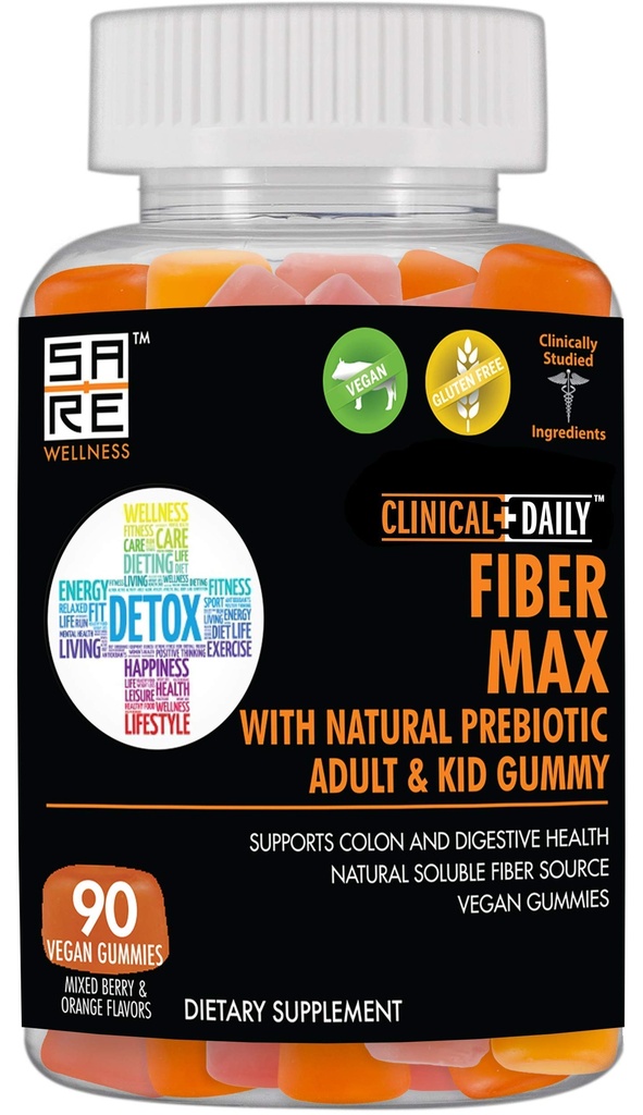 CLINICAL DAILY Fiber Max, Vegan High Fiber Gummies for Adults &amp; Kids. Alivio de estreñimiento para adultos y niños. Prebióticos suplemento de fibra de fibra Gummies. 90 Gummies laxantes libres de gluten para la reparación de Gut