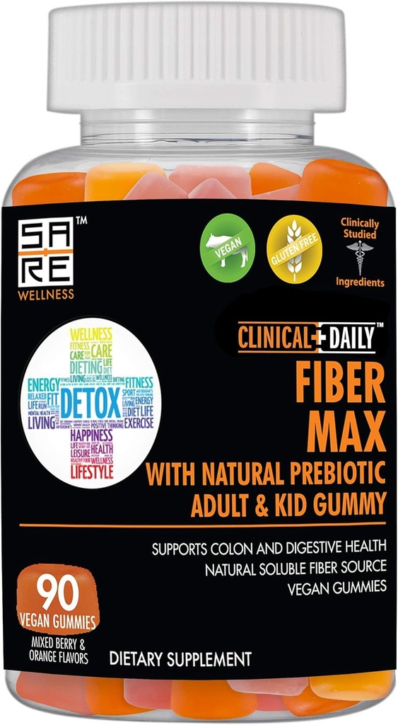 CLINICAL DAILY Fiber Max, Vegan High Fiber Gummies for Adults &amp; Kids. Alivio del estreñimiento para adultos y niños. Prebióticos suplemento de fibra de fibra Gummies. 90 Gummies laxantes libres de gluten para la reparación de Gut