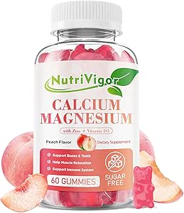 Calcio Gummies 600mg con vitamina D3, Calcio Magnesio Zinc Gummies for Bone &amp; Immune Support, Suplemento Calcio para Hombres Mujer, Azúcar Libre, Vegan, Peach Flavor, 60 Condes