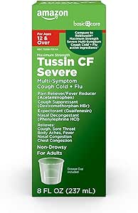 Cuidado básico Tussin Severe CF Max Syrup, Multi-Symptom Cough, Cold and Flu Liquid Medicine, Non-Drowsy, Relieves Cough, Sore Throat, Body Aches, Fever, Nasal y Chest Congestion, 8 fl oz