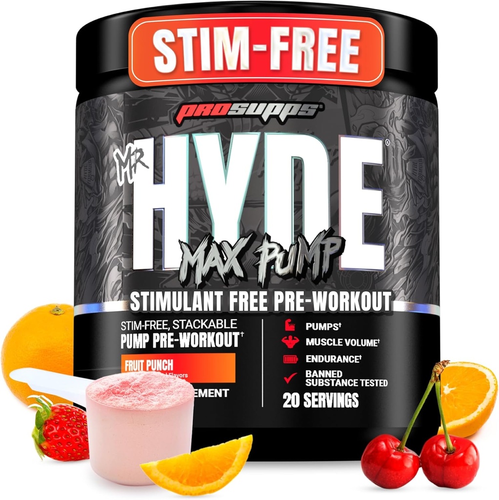 PROSUPPS Mr. Hyde Max Pump Pre Workout Powder - Stim-Free Preworkout Supports Blood Flow, Muscle Volume &amp; Endurance - Caffeine-Free Nitric Oxide Gym &amp; Fitness Supplements (Fruit Punch, 20 Servings)