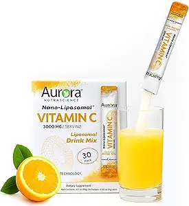 Aurora Nutraciencia Nano-Pack Liposomal Vitamina C Powder Drink Mix, Immune Support, High Strength 3000 mg Por Serving, 30 Single Serve Packets, Orange