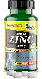 America Medic &amp; Science Chelated Zinc 50 mg Suplementos (1 Pack of 60 Tablets) Booster inmunitario y potentes píldoras antioxidantes para adultos Hombres y mujeres que viven de alta absorción mineral, mejora el humor &amp; sueño
