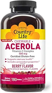 Country Life Acerola Vitamina C Complex, 500mg, Chewable Berry Flavored Wafers, Supports Immune Health, 180 Wafers, Certified Gluten Free by GFCO , Certified Vegan by AVA
