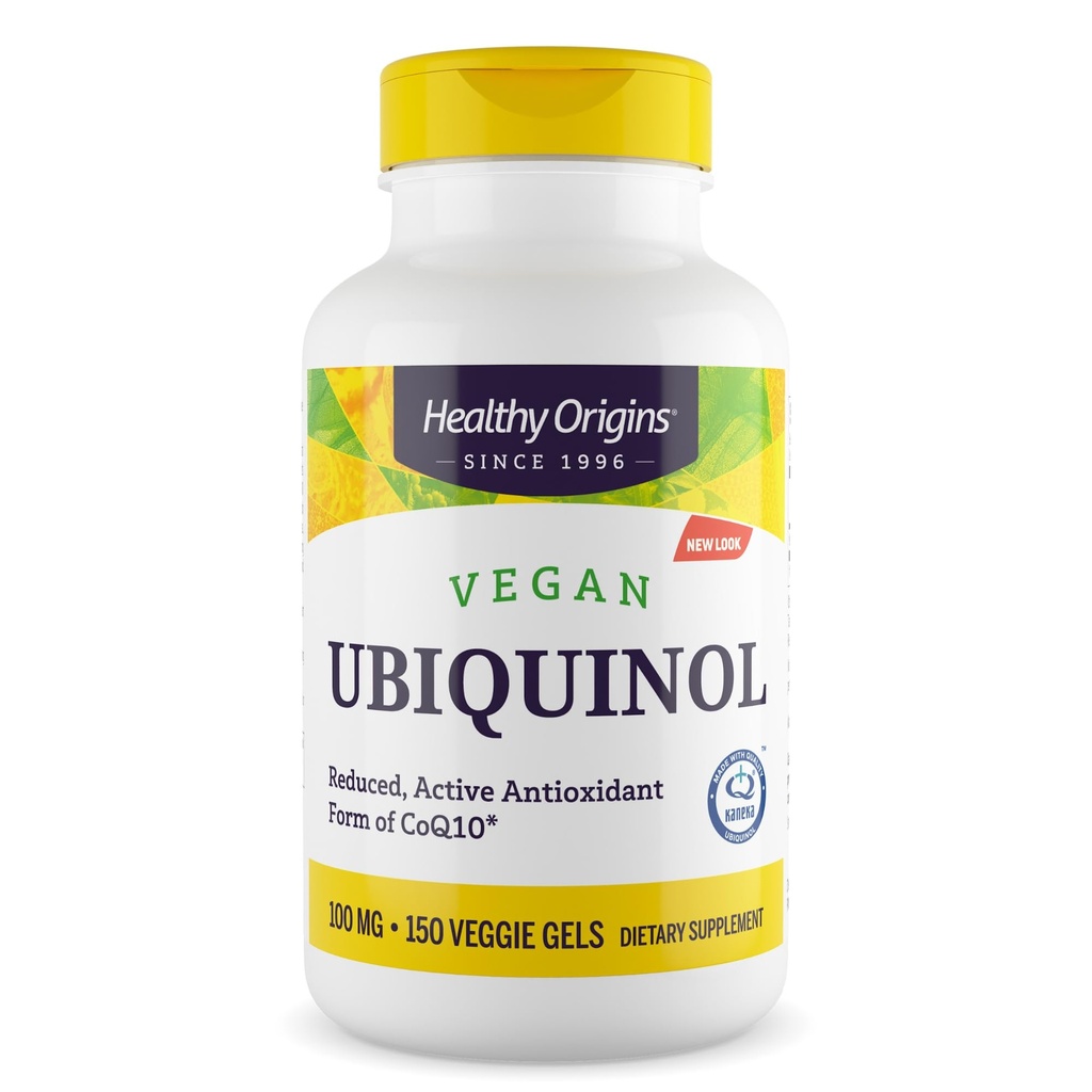 Orígenes saludables Ubiquinol vegano (formulario activo de CoQ10), 100 mg - Kaneka Ubiquinol Suplementos para la salud del corazón y el apoyo antioxidante - Gluten-Free &amp; Non-GMO Suplemento - 150 Gels vegetarianos
