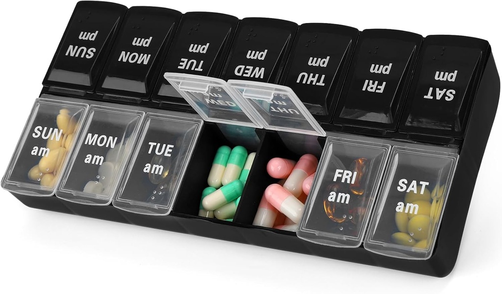 7 Día semanal AM Organizador de píldoras, 2 veces una caja de píldoras grandes del día para píldoras Suplementos de vitaminas Medicación (Black+White,2 veces)