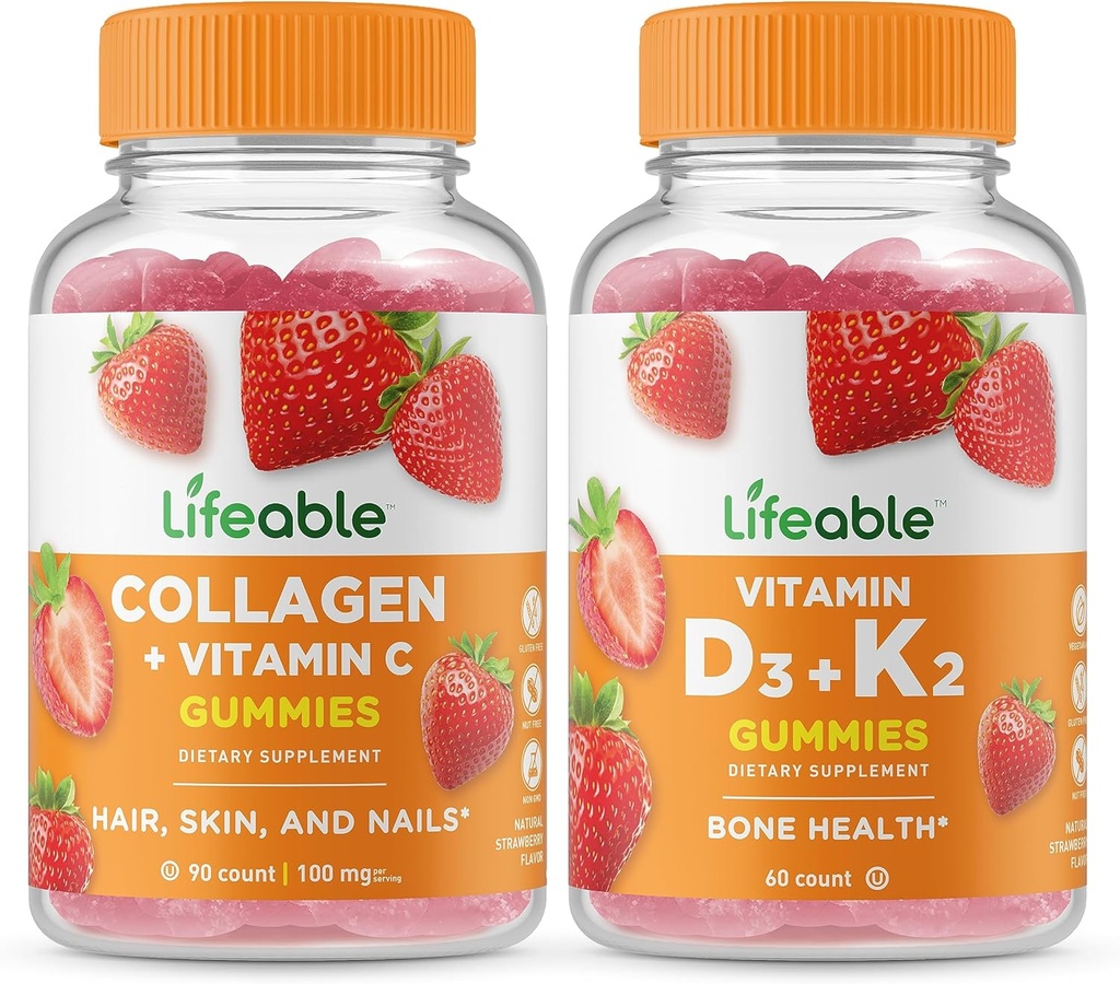 Collagen Lifeable &amp; Vitamina C + Vitamina D3 + Vitamina K2, Gummies Bundle - Gran Tasting, Suplemento de vitaminas, Gluten Gratis, GMO Gratis, Chewable Gummy