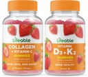 Collagen Lifeable &amp; Vitamina C + Vitamina D3 + Vitamina K2, Gummies Bundle - Gran Tasting, Suplemento de vitaminas, Gluten Gratis, GMO Gratis, Chewable Gummy