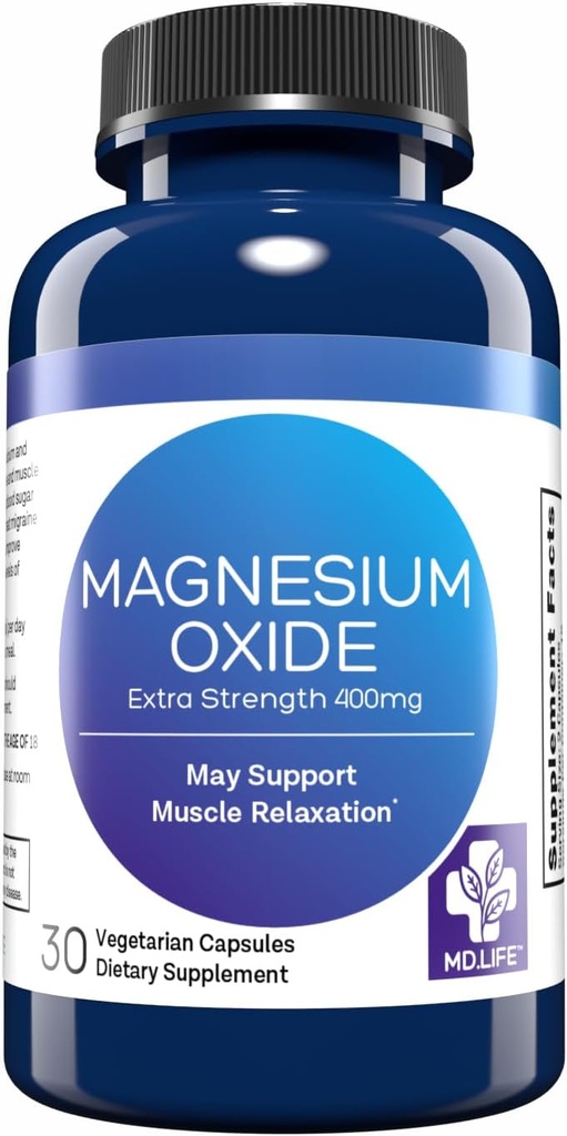 MD. Life Magnesium Oxide 400mg Capsules - High Absorption Magnesium Supplement for Leg Cramps, Sleep & Vascular Health - 30 capsules - Non-GMO Pills for Women