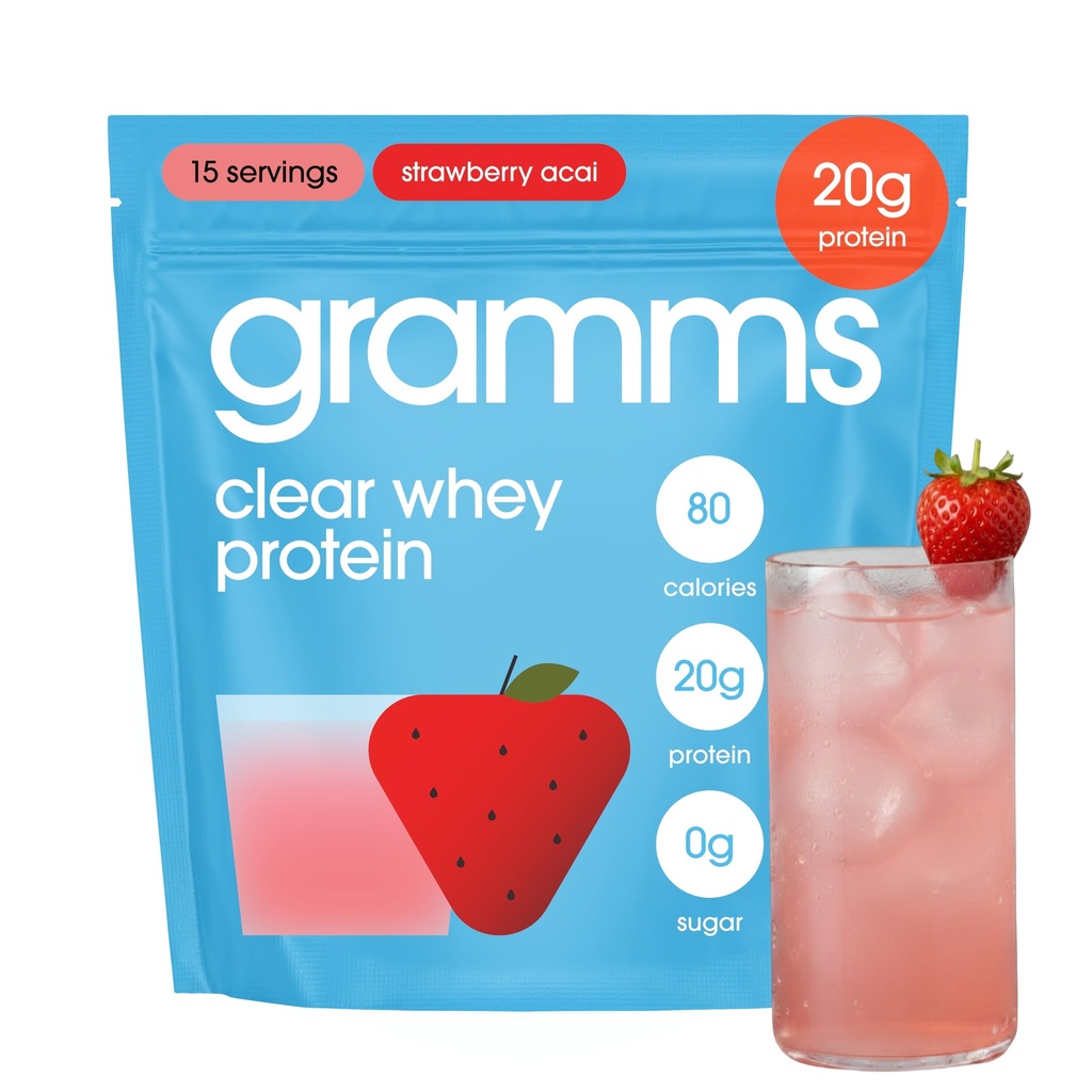 GRAMMS Clear Protein Powder, 20g Grass-Fed Whey Isolate, Zero Sugar, Zero Lactose (15 Pack, Strawberry)