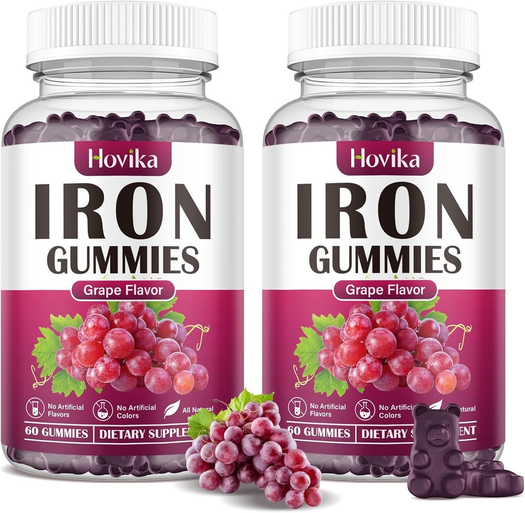 (2 Pack) Iron Gummies Suplemento para Hombres de Hierro, Suplementos de Hierro para Anemia con Vitamina C, B12, Folate-Blood Builder " Energy Support for Iron Deficiency - Grape Flavor, Vegan, 120 Gummies