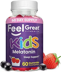 Feel Great Kids Melatonin Gummy | Strawberry Flavored Melatonin Gummies Kids | 1 MG of Melatonin Sleep Aid for Kids | Vegan Gummies | 60 Day Supply