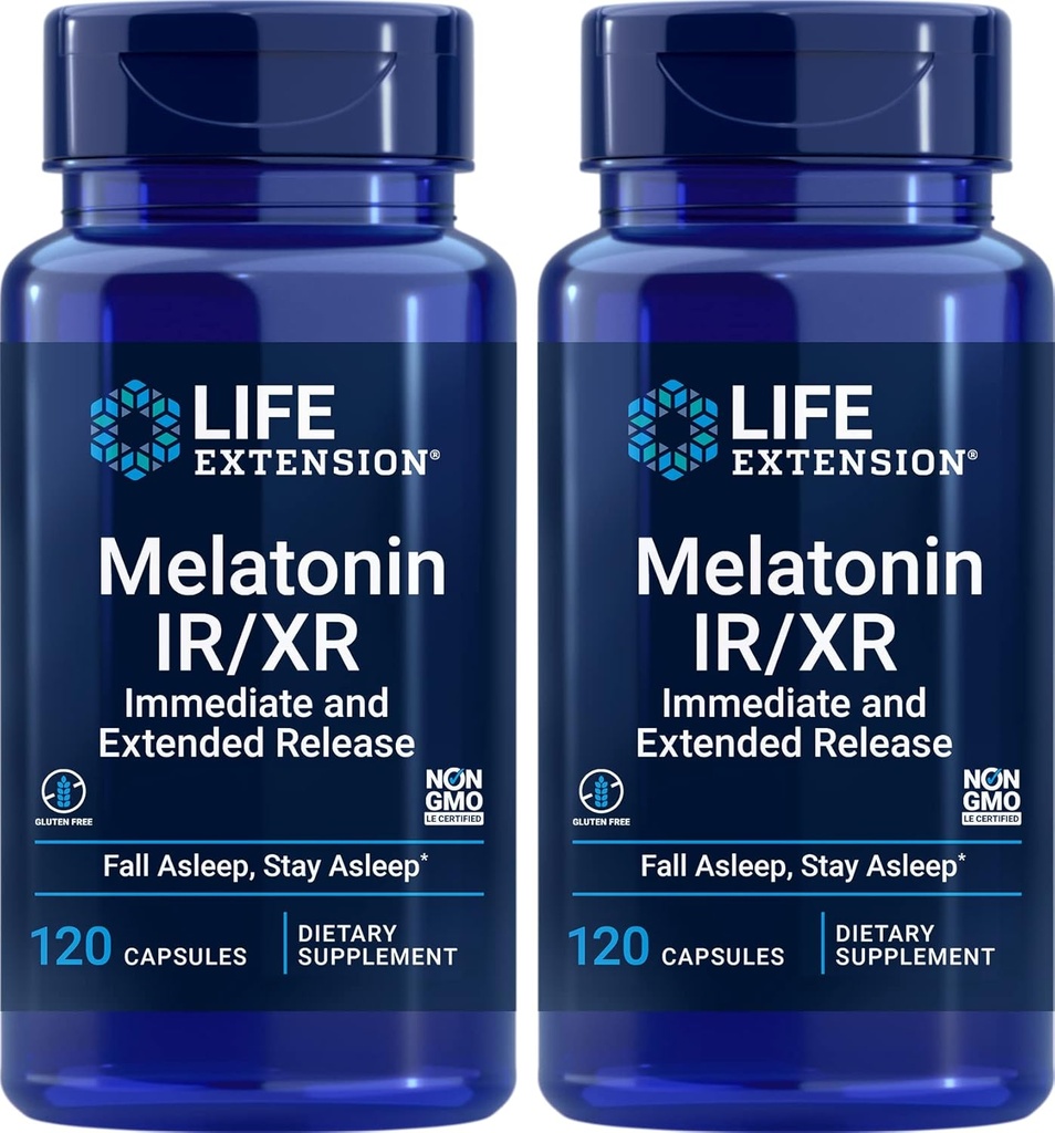 Extensión de la vida Melatonin IR/XR, 120 Capsules (Pack of 2) - Inmediatamente &amp; Extensión para 7 Horas Soporte - Suplemento No. de la Noche - Mantenerse despierto toda la noche - No GMO, Libre de gluten