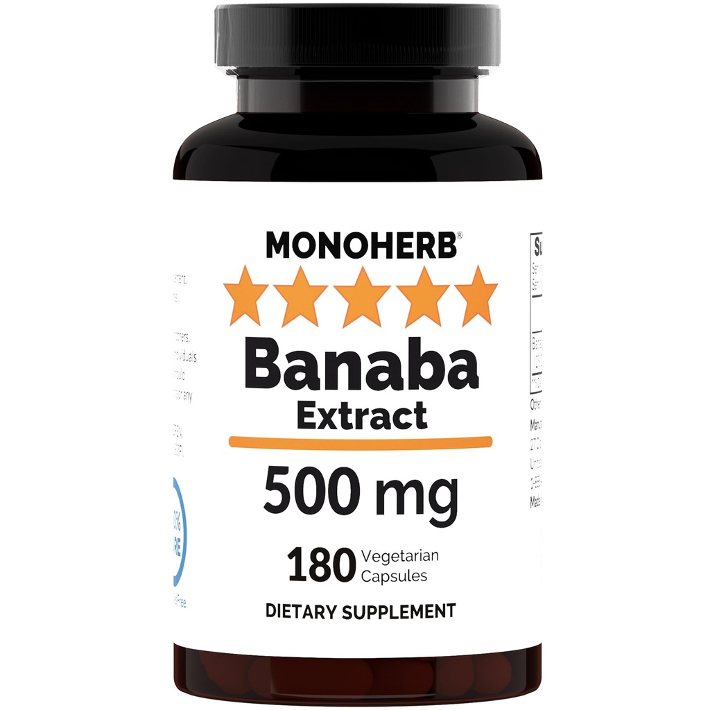 MONOHERB Banaba Extract - 500 mg per Capsule - 180 Capsules - 180 Servings