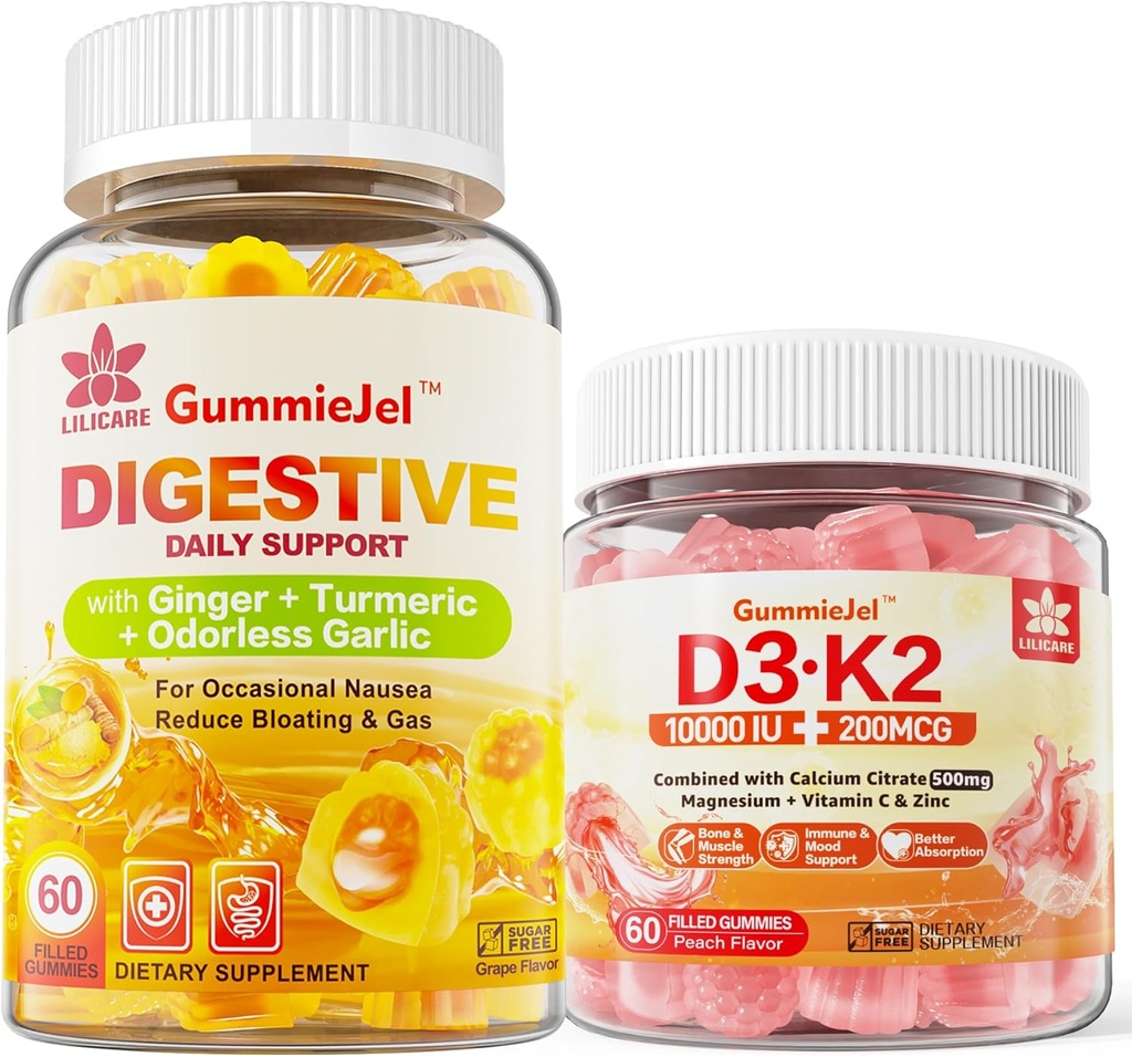 Vitamina D3 K2 Mangas llenas 5000IU / 10.000 UI con 500 mg de calcio, citrato de magnesio, vitamina C &amp; garras de jengibre Suplemento Gummies para Nausea, alivio de estómago
