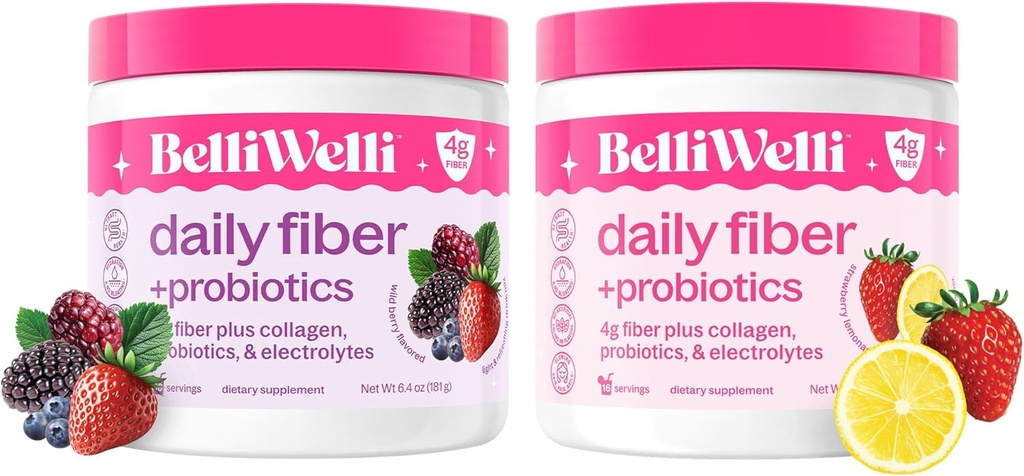 Belli Welli Daily Fiber Supplement Bundle with Collagen, Probiotics & Electrolytes – Strawberry Lemonade & Wild Berry Flavors – Supports Digestion, Gut Balance, " Debloating – 32 Servings