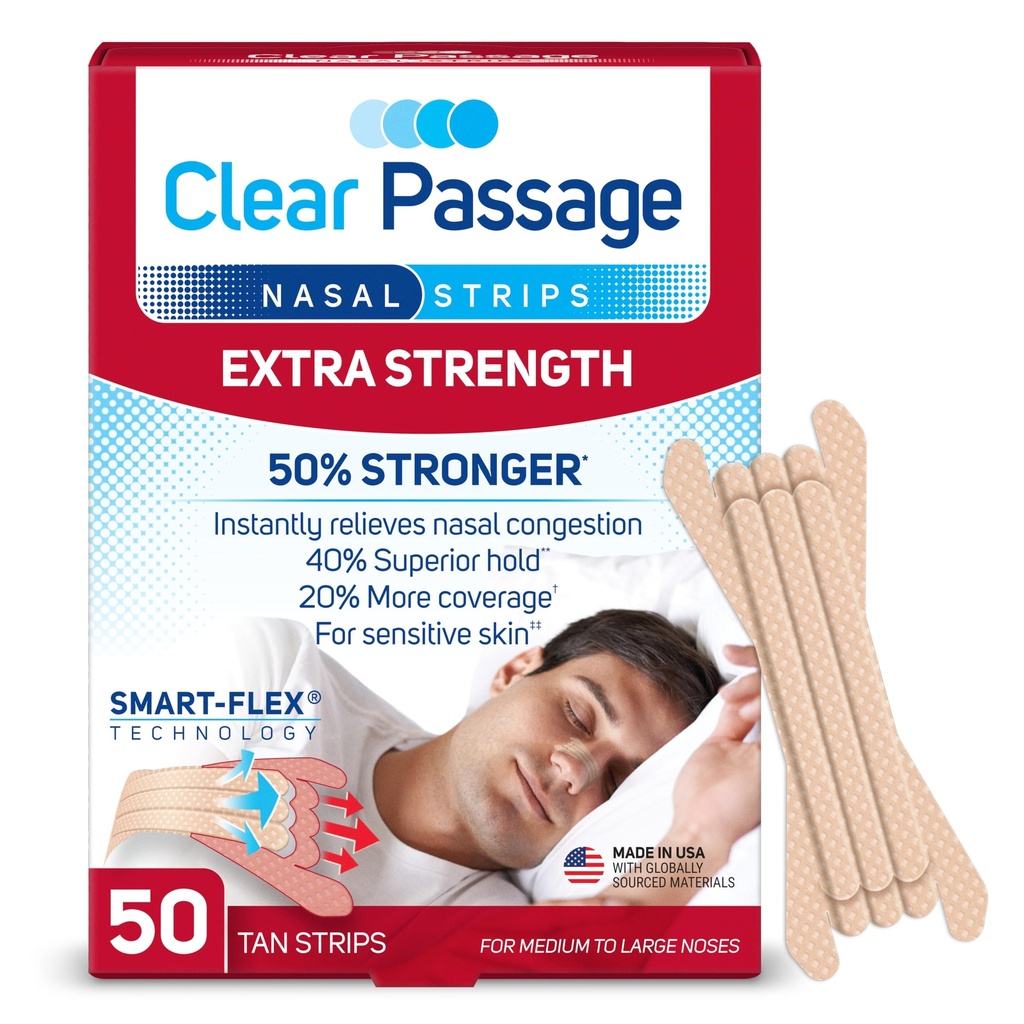 Clear Passage Nasal Strips Extra Strength, Tan, 50 Count | Works Instantly to Improve Sleep, Reduce Snoring, & Relieve Nasal Congestion Due to Colds & Allergies