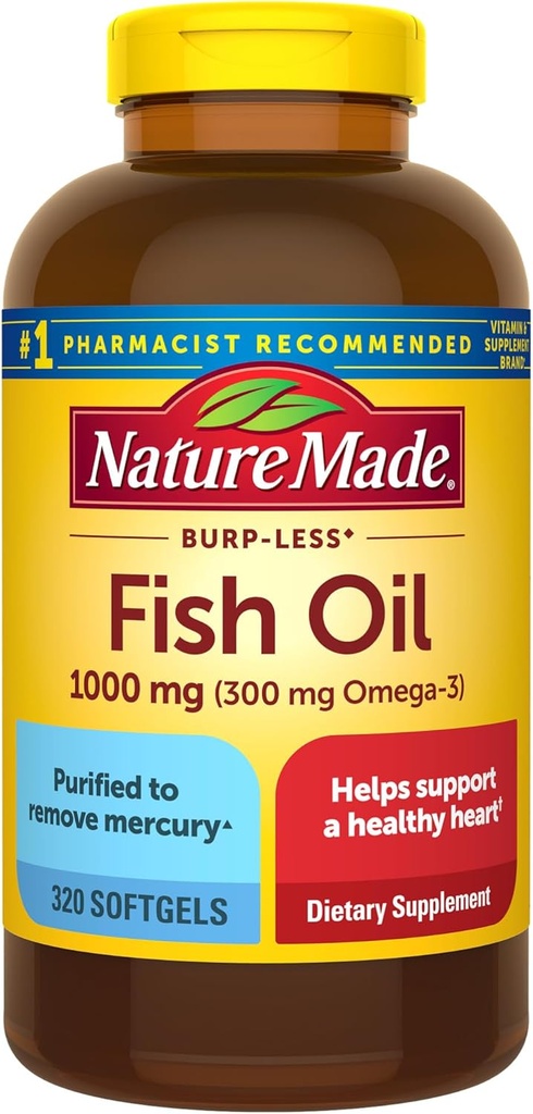 Nature Made Burp Less Fish Oil Omega 3 Suplementos, 1000 mg Softgels, Omega 3 Suplementos de aceite de pescado para el corazón saludable, 320 Softgels, 160 Day Supply