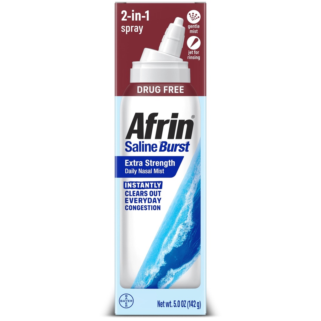 Afrin Saline Burst Extra Strength Daily Nasal Mist, Nose Spray for Everyday Congestion Relief, Hypertonic Seawater Saline Nasal Spray with Dual Nozzle, Drug Free Sinus Rinse, 5 oz