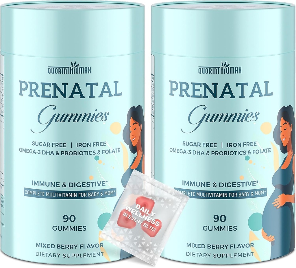 Prenatal Gummies Sugar Free 180 Count - Organics Prenatal Vitamins for Women with Folate, DHA & Probiotics - Iron Free Prenatal Vitamin Gummies for Immune & Digestive - 2 Bottles