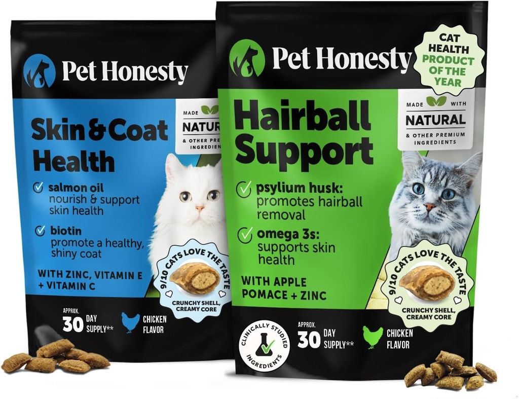 Cat Skin &amp; Coat Health &amp; Hairball Support Bundle: Omegas " Biotin Chews for Shiny Coat " Furball Remedy (Chicken 30-Day Supply)