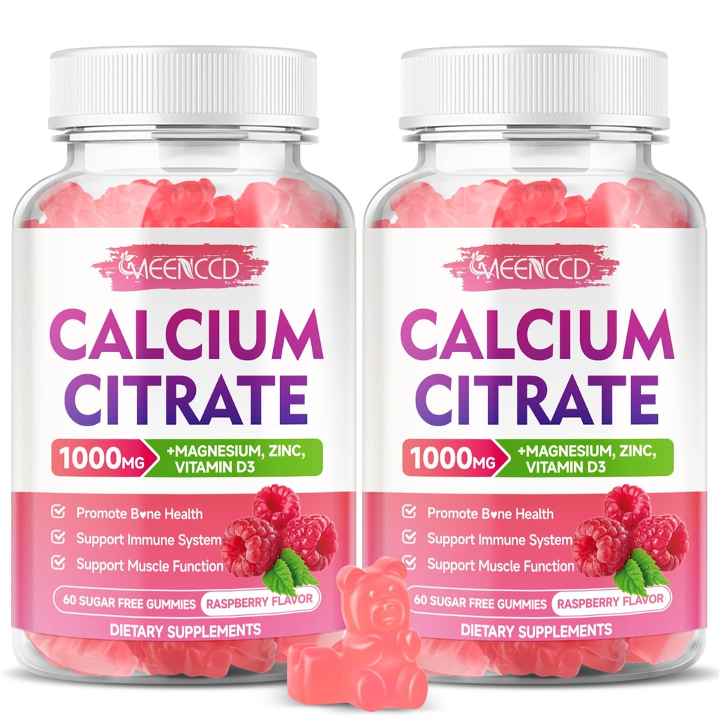 2 Pack Calcium Citrate Gummies 1000mg w/Vitamin D3, Alta Absorción Calcium Gummies for Women &amp; Men, Plus Magnesium, Potassium, Zinc for Muscle & Immune, Raspberry Flavor, 120 Conde