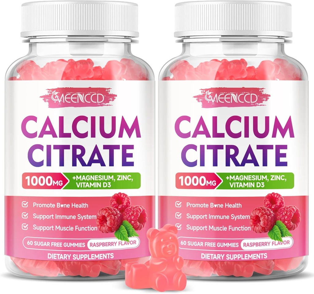 2 Pack Calcium Citrate Gummies 1000mg w/Vitamin D3, Alta Absorción Calcium Gummies for Women &amp; Men, Plus Magnesium, Potassium, Zinc for Muscle & Immune, Raspberry Flavor, 120 Conde
