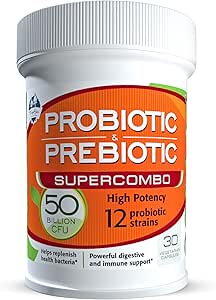 50 Billion CFU Prebiotic and Probiotic Supplement for Women and Men, 12 Strains for Daily Immune Support and Digestive Health, 30 Veggie Capsules, Non Refrigerated High Potency Probiotics