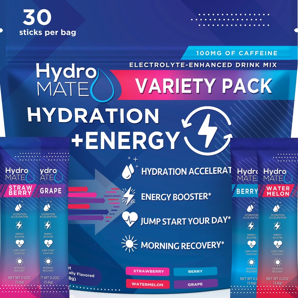 HydroMATE Electrolytes Powder Drink Mix Packets Hydration Accelerator Low Sugar Party Favores for Rapid Recovery Vitamin C Plus Caffeine Variety Pack - 30 Count