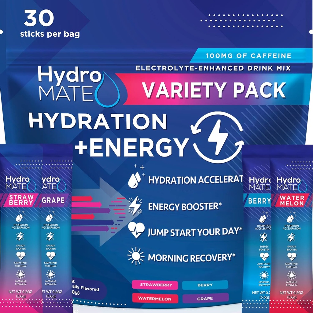 HydroMATE Electrolytes Powder Drink Mix Packets Hydration Accelerator Low Sugar Party Favores for Rapid Recovery Vitamin C Plus Caffeine Variety Pack - 30 Count