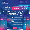 HydroMATE Electrolytes Powder Drink Mix Packets Hydration Accelerator Low Sugar Party Favores for Rapid Recovery Vitamin C Plus Caffeine Variety Pack - 30 Count