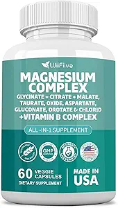 Suplemento Complejo de Magnesio, Clycinate 141mg Oxide 228mg Malate 58.5mg Citrate 62.4mg con Orotate Glycina Taurate Chloride Aspartate Vitamin B, Max Absorción, Gluten-Free, Non-GMO