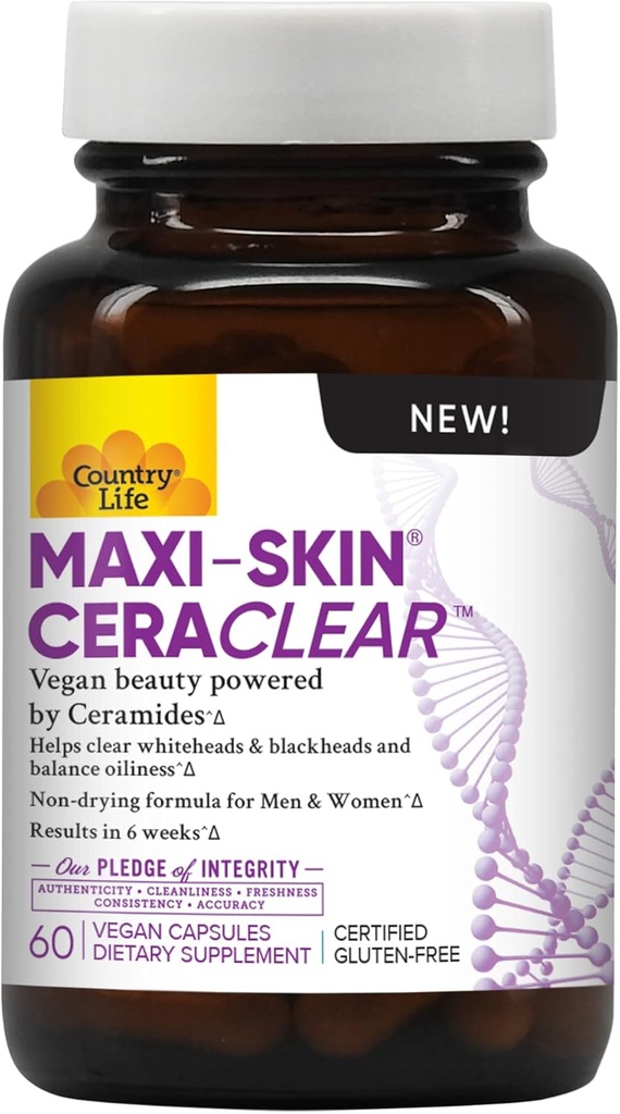 Country Life Maxi-Skin CeraClear, 60 cápsulas veganas – Ceramidas konjac estudiadas clínicamente para soportar la piel limpia y hidratada " Mejorar la hiperpigmentación – Gluten Free, Vegan, Kosher