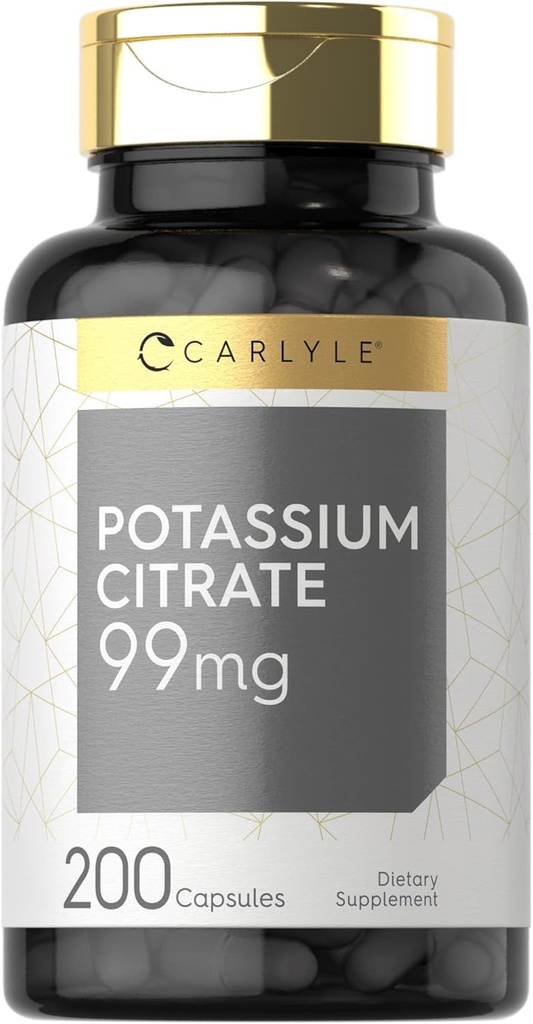 Carlyle Potassium Citrate Suplemento TEN 99mg ANTE 200 cápsulas TENIDO NO GMO Y Gluten Gratis