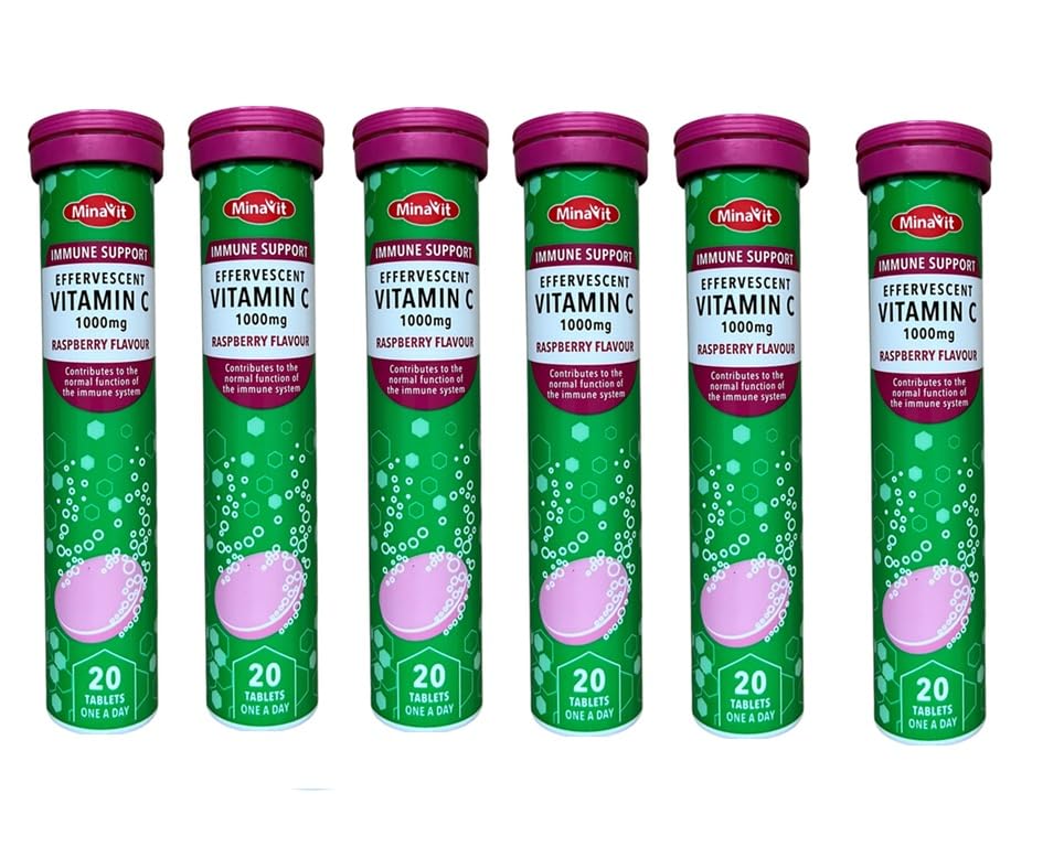 Vitamin C 1000mg, Effervescent Tablets Rasberry Flavour (Pack of 6 Total 120 Tablets)