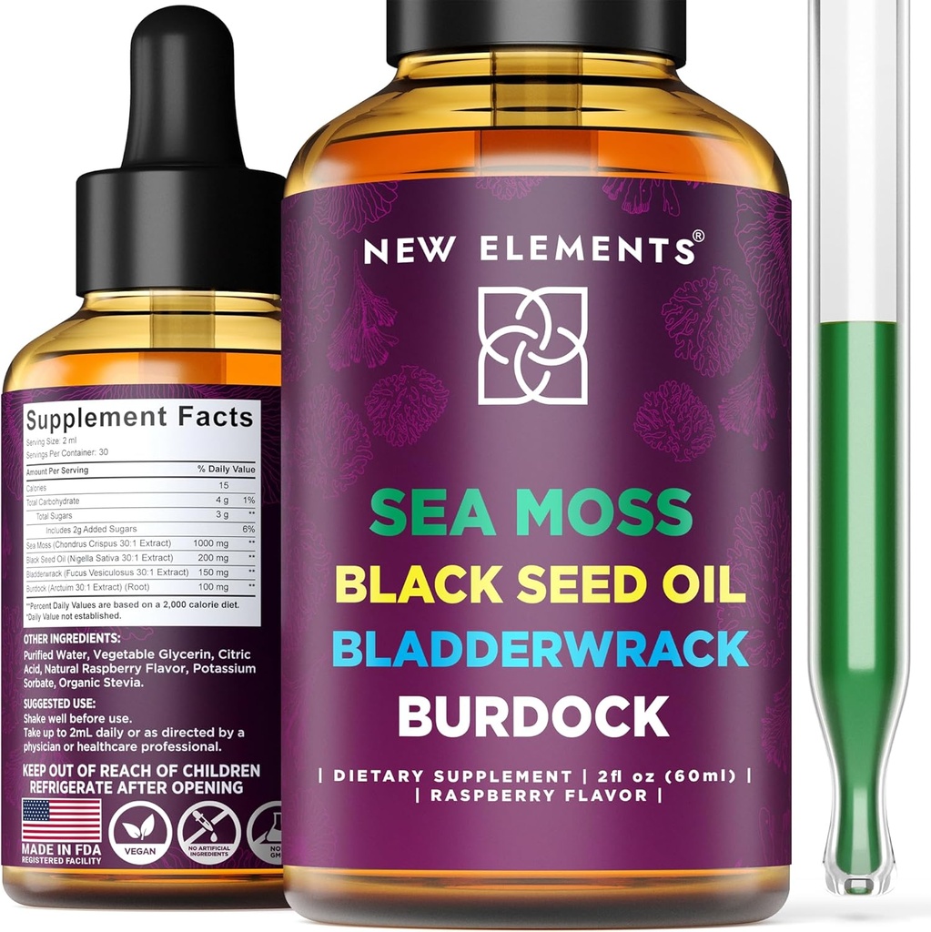 Extracto líquido de Moss de Mar Orgánico con Aceite de Semillas Negras, Fledderwrack & Burdock Root  1000mg Irlandés Moss Drops ← 4 in 1 Advanced Fórmula 4X Stronger ← Raspberry Flavor Silencio Vegan ← Non-GMO Silencio libre de gluten