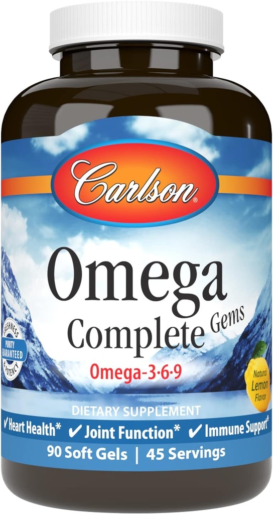 Carlson - Omega gemas completas, Omega-3-6-9, Wild Caught, Fuente sostenible, Heart Health, Joint Function & Immune Support, 90 Softgels