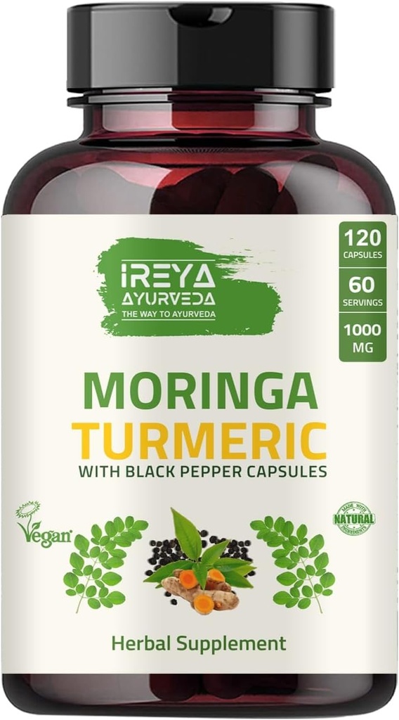 Orgánica Moringa Oleifera Powder " Turmeric Root Powder with Blackpepper 120 Capsules Silencio Hecho con Moringa Orgánica, Turmérica y Pepper Negro ANTE Vegan, Libre de gluten y No GMO.