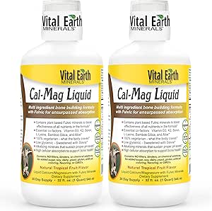 Vital Earth Minerals Cal-Mag Liquid – Calcium Magnesium Supplement with Vitamin D3, K2, Boron, and Fulvic Acid for Faster Absorption, 32 Oz Ea + 1 Oz Cup