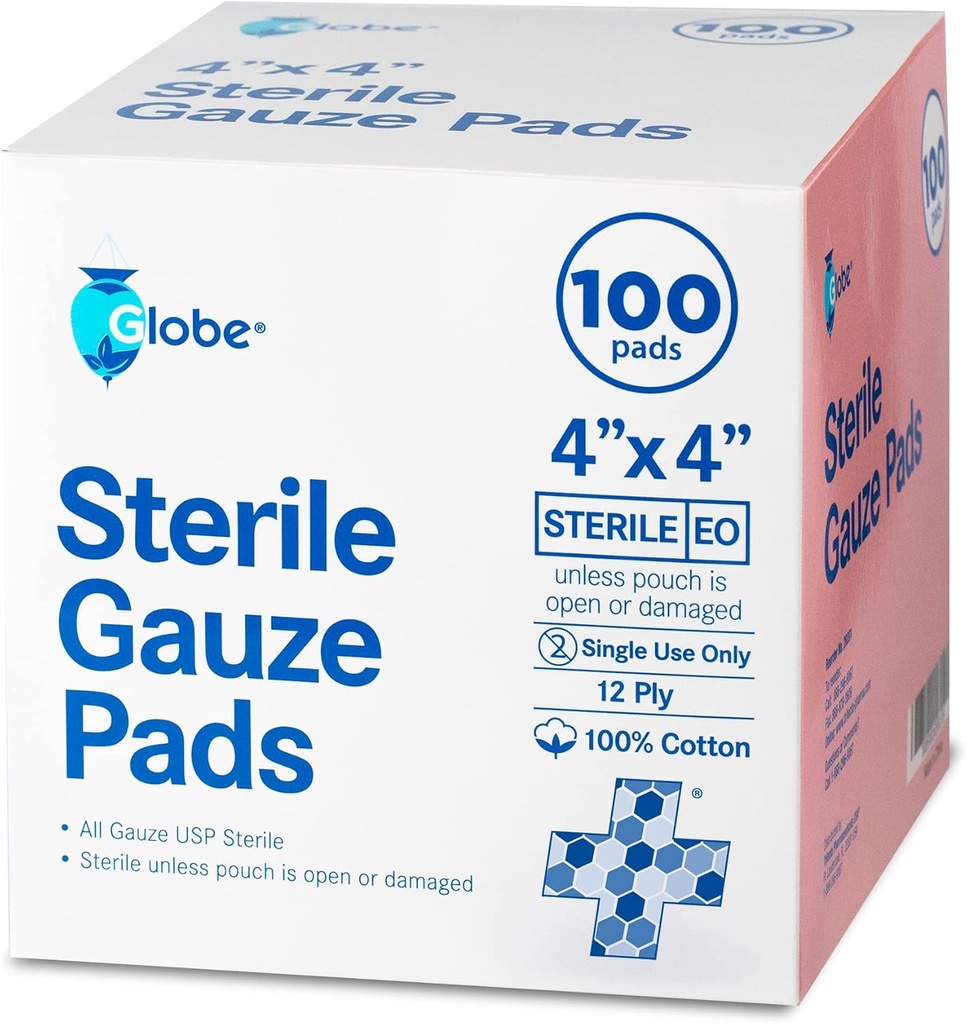 Globe 4’ x 4" Avanzadas de gaucho estéril para vestidos de sabueso durante 100-pack, Empaquetado individualmente ← 12-Ply Cotton &amp; Altamente absorbentes para la vida avanzada Gauze Sponge-Pads for Wound Care " Inicio Kits de primeros auxilios (4 x 4)