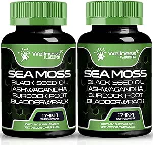 Irlandés Moss Capsules, 17-en-1, Seamoss Black Seed Oil, 120 Conde, Ashwagandha Burdock Root Organic Bladderwrack Capsules ← Orgánica Sea Moss Avanzado, Inmune y Blood Pressure Support