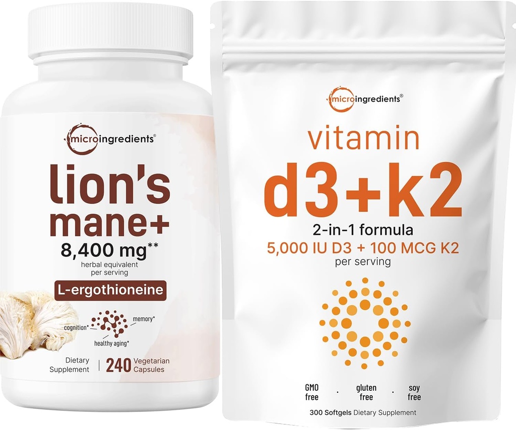 Micro Ingredientes Vitamina D3 5,000iu + K2 100mcg Softgels & Lions Mane Suplemento 240 Veggie Capsules Bundle 2 Pack ← Esencial Sunshine Vitaminas ← Superfood Mushroom Antioxidantes con L-Ergothioneine
