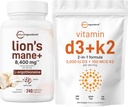 Micro Ingredients Vitamin D3 5,000iu + K2 100mcg Softgels & Lions Mane Supplement 240 Veggie Capsules Bundle 2 Pack | Essential Sunshine Vitamins | Superfood Mushroom Antioxidants with L-Ergothioneine