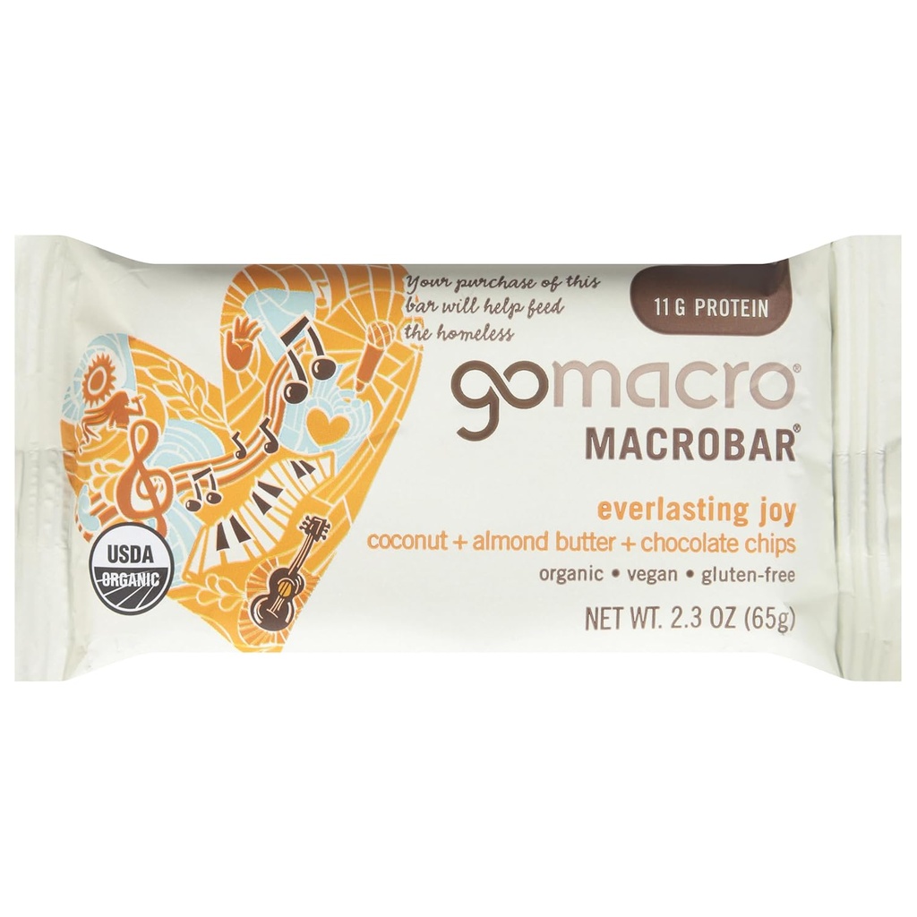 GoMacro MacroBar, Bar de Proteína Vegana Orgánica, Coco, mantequilla de almendra + Chips de chocolate, 2.3 Ounce