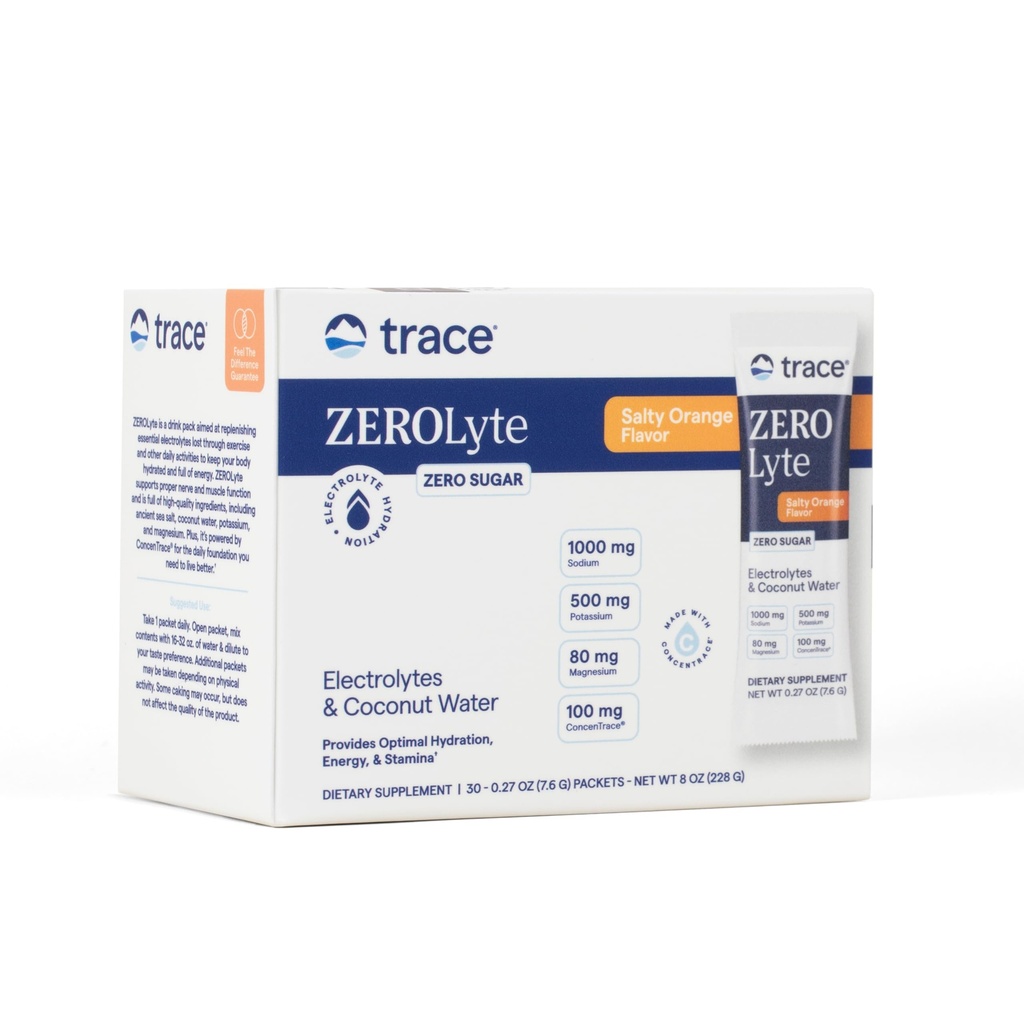Trace Minerals ZeroLyte - Reposición de electrolitos de sodio - Energía " Hidratación Soporte Powder - Nerve &amp; Muscle Función Soporte - Salty Orange, 30 Packets (30 Servimientos)