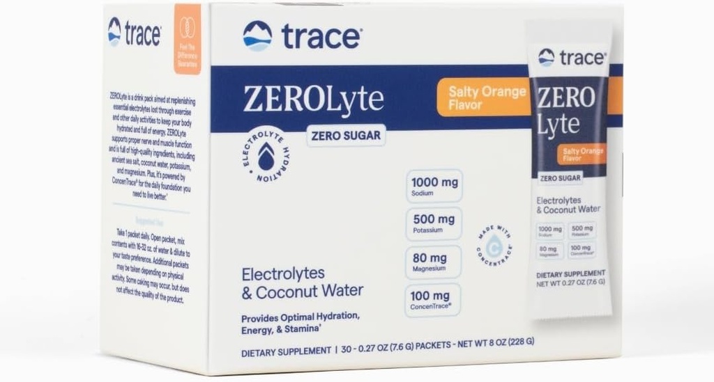 Trace Minerals ZeroLyte - Reposición de electrolitos de sodio - Energía " Hidratación Soporte Powder - Nerve &amp; Muscle Función Soporte - Salty Orange, 30 Packets (30 Servimientos)
