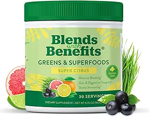 360 Nutrition Blends with Benefits Super Greens Powder w/Probiotics, Digestive Enzymes, Sugar & Gluten Free, Plant Based Superfood Drink Mix for Gut Health, Bloating, Immunity, Overall Health, 6.35 oz