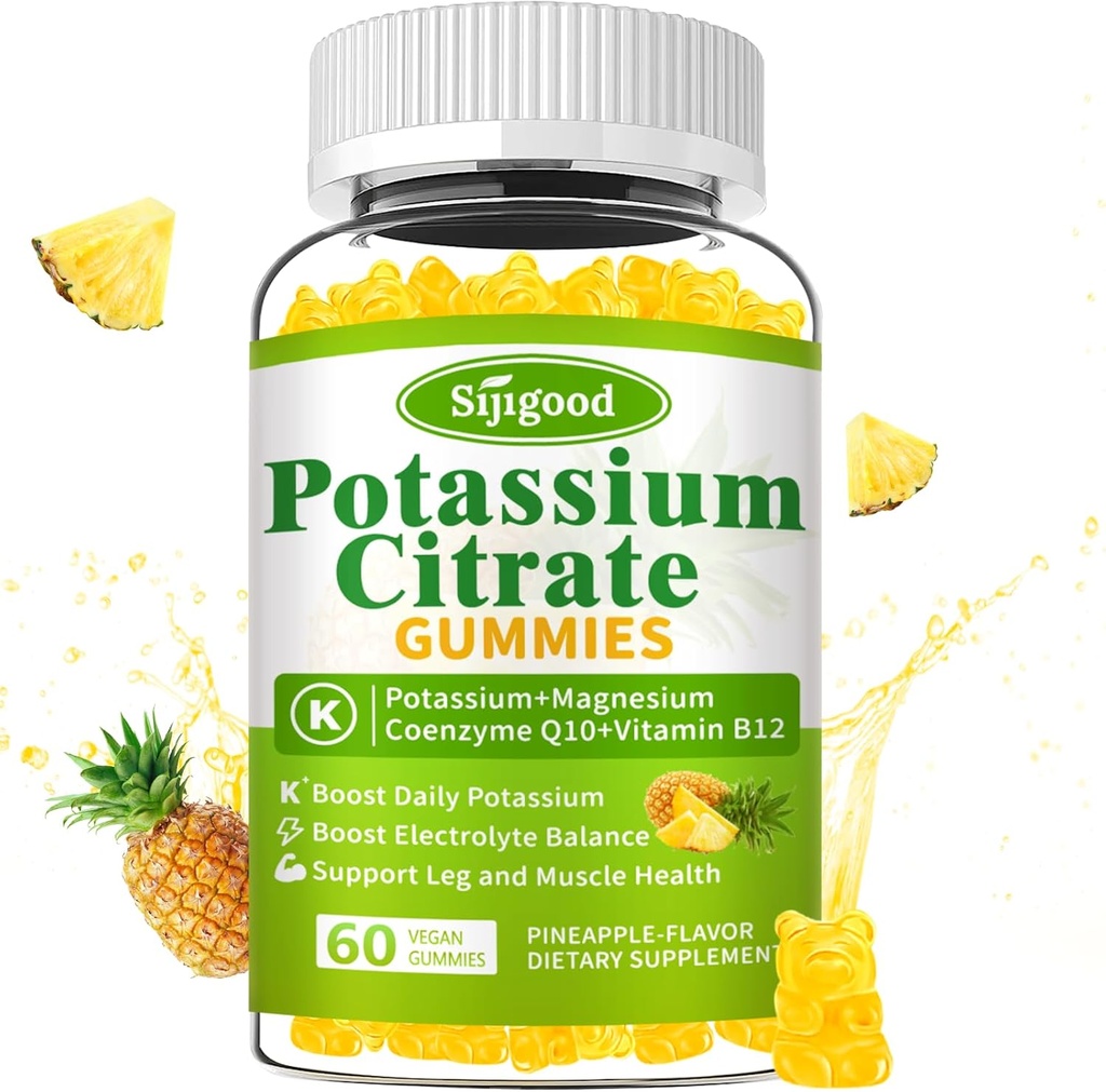 Gummies de citrato de potasio – Suplemento de Potasio de alta potencia para la salud muscular, alivio de cáñamo de pierna, equilibrio de electrolitos – Vegano, no GMO, libre de gluten, sabor de piña, 60 condes