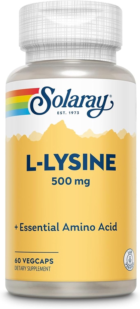 SOLARAY L Lysine 500 mg Capsules - Aminoácidos esenciales de formo libre Suplemento - Potente Wellness Soporte con L-Lysine Aminoácidos - Lab Garantía verificada, 60 días, 60 Servimientos, 60 VegCaps